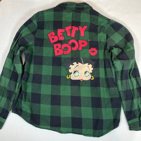 Betty Boop Green Plaid Flannel Betty Boop on Back M Cotton Green Shirt - Picture 4 of 5